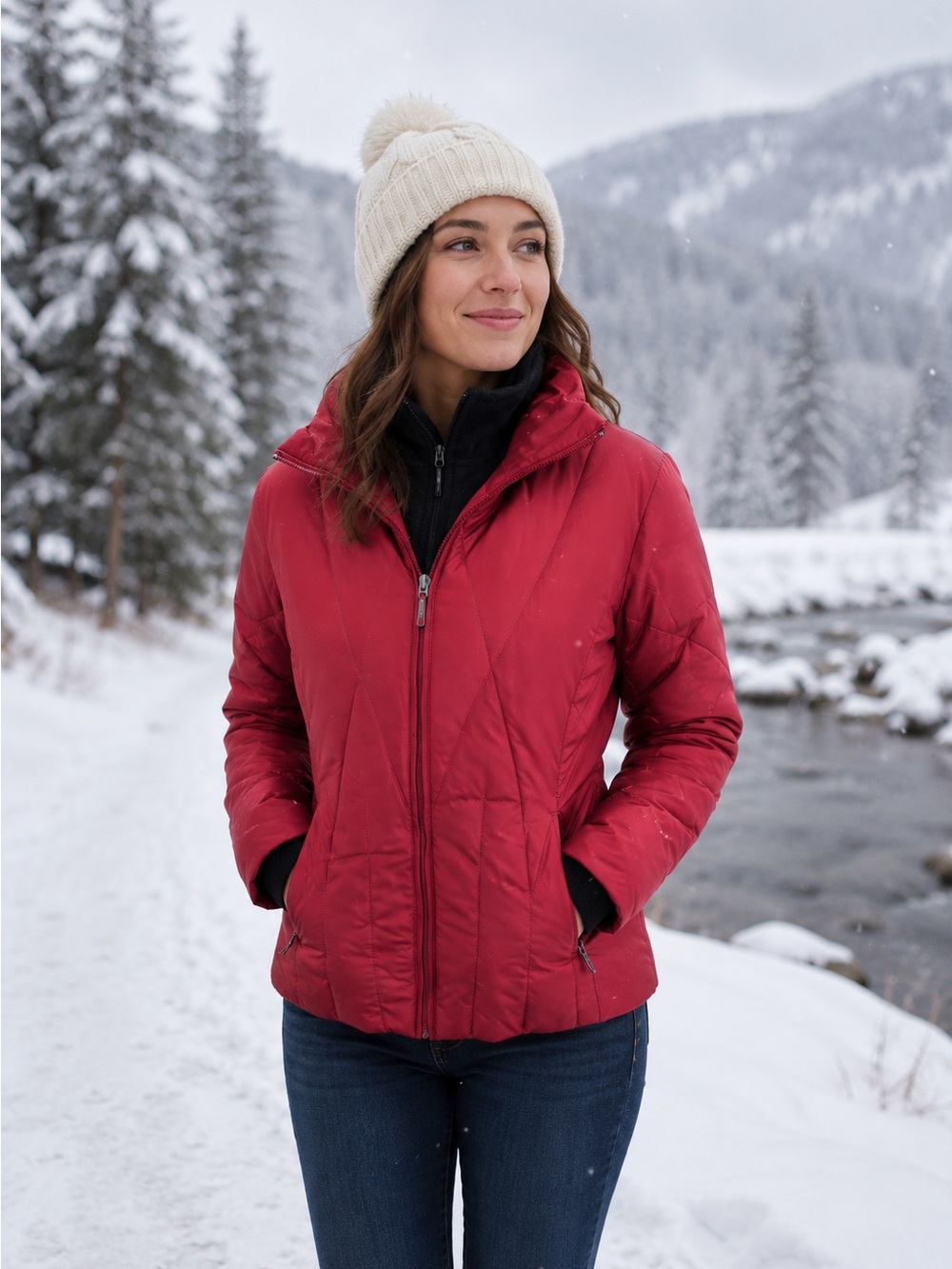 Larry Levine Fitted Down Puffer Jacket Small Red Quilted Fleece Lined Womens